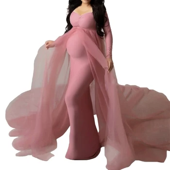 Макси-платья для беременных, женское кружевное платье с длинным рукавом, эластичное женское платье для фотосъемки, платье для месячных, праздничное платье QX2D