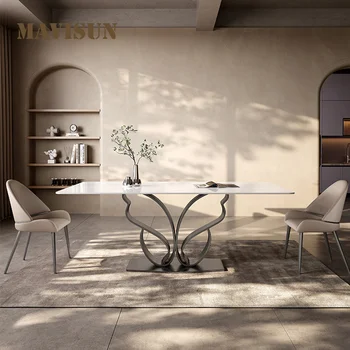 Итальянский минималистичный обеденный стол из светлого шифера, Современный светлый Роскошный ресторан высокого класса на вилле, Дизайнерская серая мебель для столов
