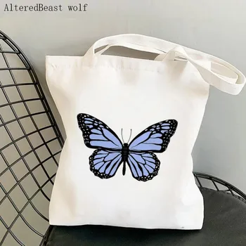 Женская холщовая сумка через плечо с милой синей бабочкой, сумка для покупок, студенческая сумка для книг, сумки для покупок в стиле харадзюку для девочки