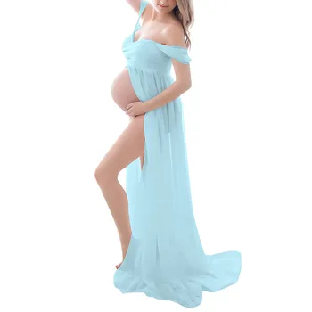 Платья для беременных для фотосессии с открытыми плечами, короткий рукав, сетчатое прозрачное длинное платье с разрезом, женская одежда для беременных